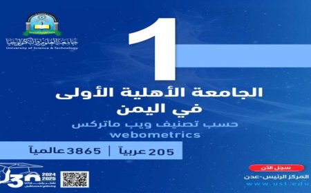 جامعة العلوم والتكنولوجيا - عدن الأولى على مستوى الجامعات الأهلية باليمن وفق تصنيف ويب ماتريكس العالمي
