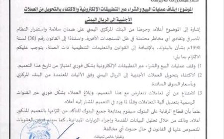 البنك المركزي اليمني يحذر: مخاطر التحويلات عبر المنصات الإلكترونية