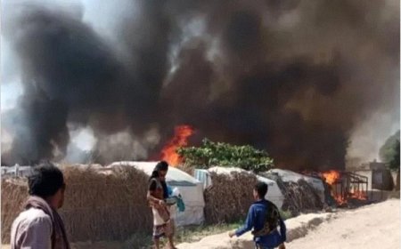 18 منزلاً تحترق بالكامل في مخيم للنازحين شمال الحديدة