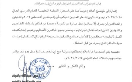 تربية ساحل حضرموت: لا صرف لمرتبات المنتدبين والمتعاقدين إلا بعد مباشرة عملهم.. وثيقة