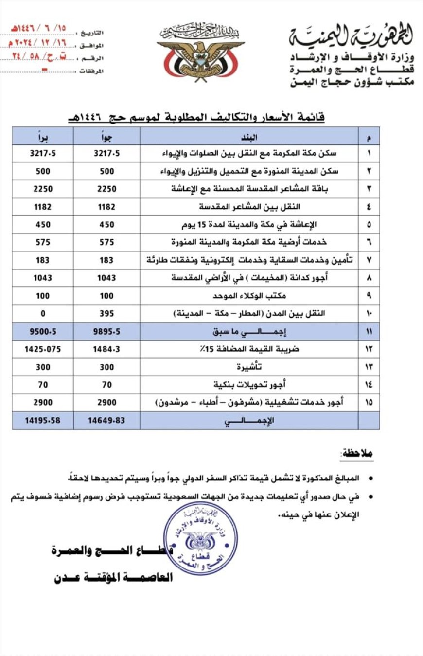 وزارة الأوقاف تعلن تكاليف الحج للموسم 1446هـ