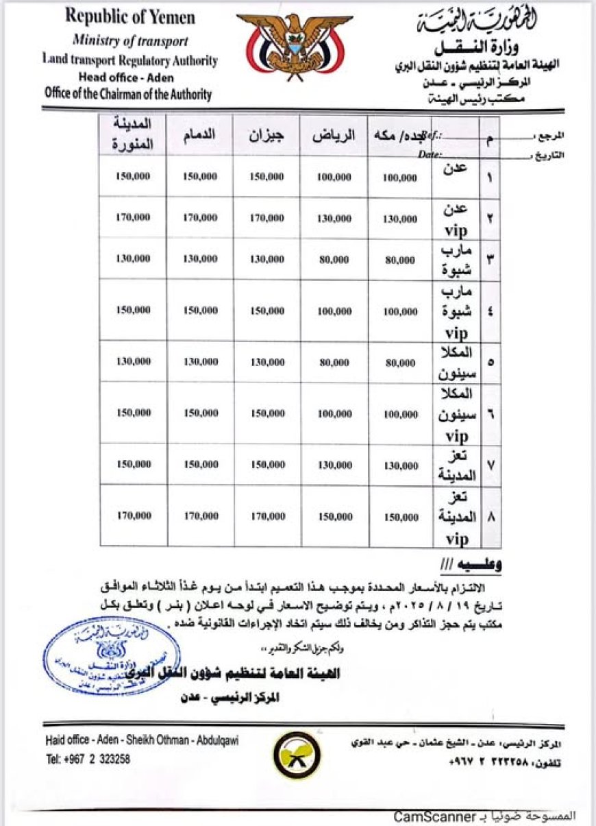ابتداءً من الثلاثاء.. أسعار جديدة لتذاكر النقل الدولي بين اليمن والسعودية