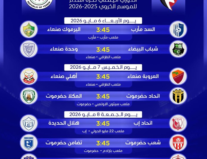 مواجهات قوية تشعل سباق الصدارة ... تعرف على مباريات الجولة الثانية للدوري اليمني