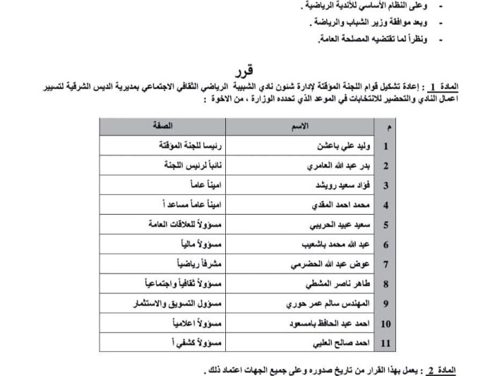 تشكيل لجنة مؤقتة لنادي اتحاد الشبيبه بمديرية الديس الشرقية.. الأسماء