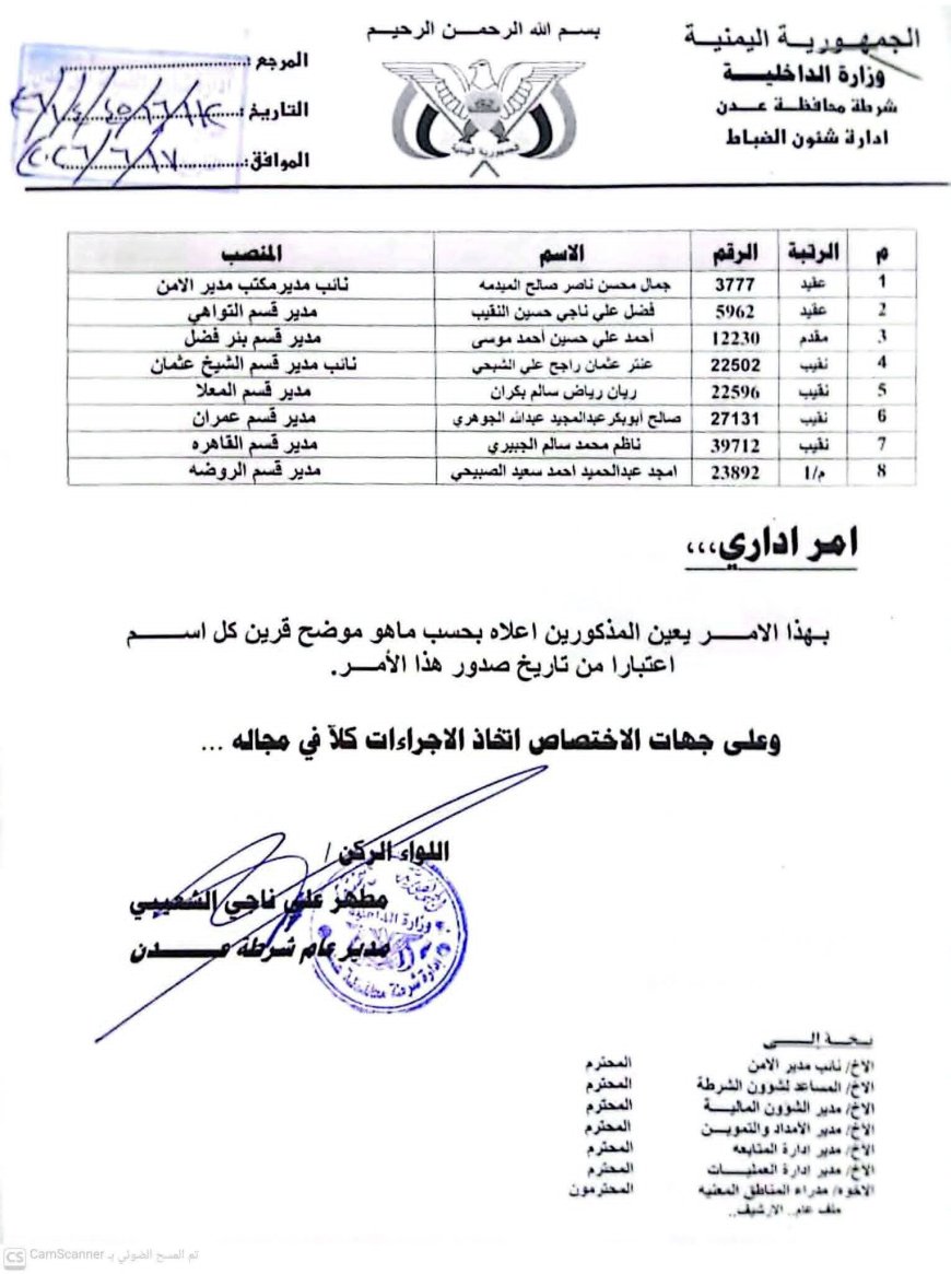 قرارات وتعيينات جديدة لمدراء أقسام الشرطة بعدن.. وثيقة