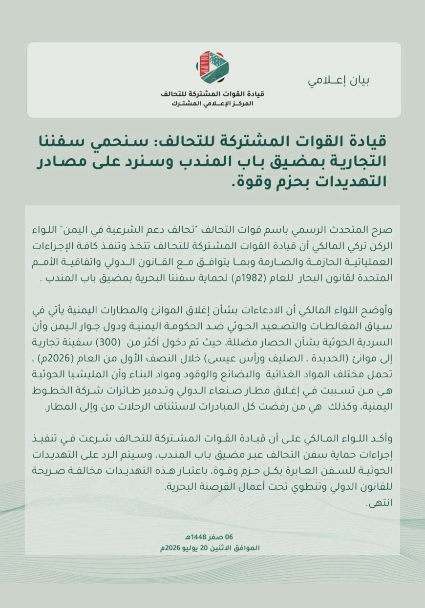 التحالف يعلن بدء تنفيذ إجراءات لحماية السفن التجارية في باب المندب