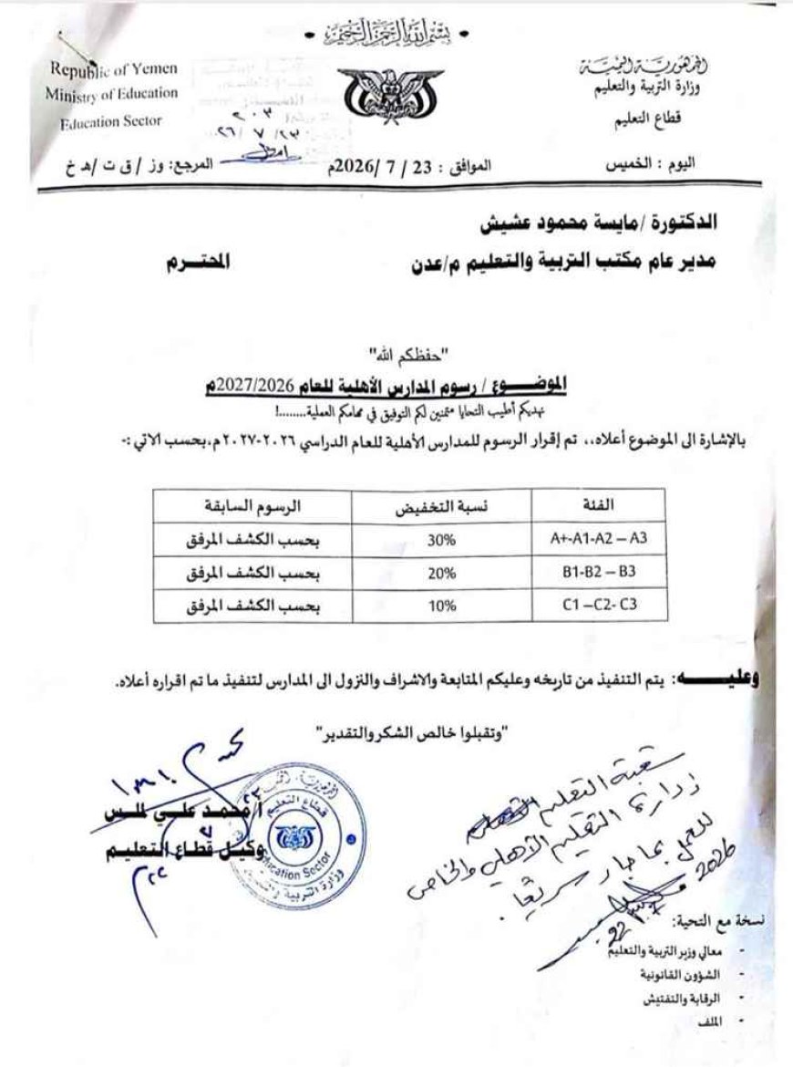 تربية عدن تخفض الرسوم الدراسية.. وإدارات المدارس الأهلية تعترض