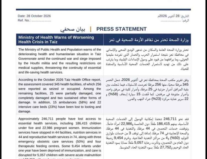 الصحة تحذر من انهيار الخدمات الطبية في تعز وتطالب برفع الحصار الحـ.ـوثي