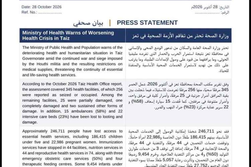 الصحة تحذر من انهيار الخدمات الطبية في تعز وتطالب برفع الحصار الحـ.ـوثي