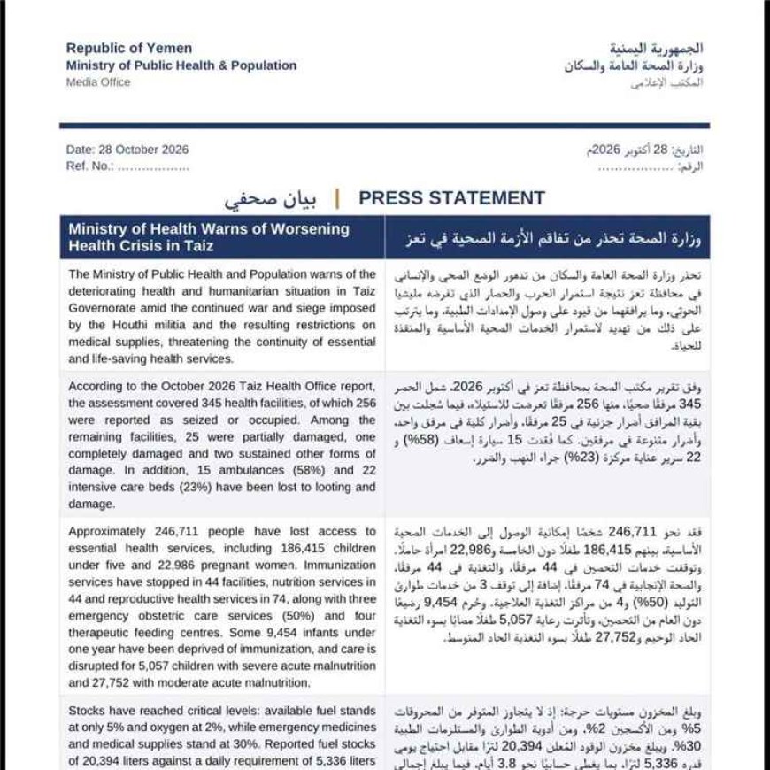 الصحة تحذر من انهيار الخدمات الطبية في تعز وتطالب برفع الحصار الحـ.ـوثي